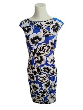 Black Label By Evan Picone Blue Black Rose Floral Slimming Dress Size 8